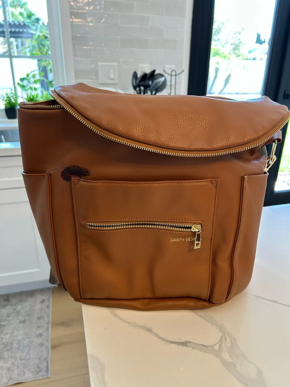 $15 Days Flawed Fawn Original Diaper Bag- Brown Camel. Faux Leather/Vegan
